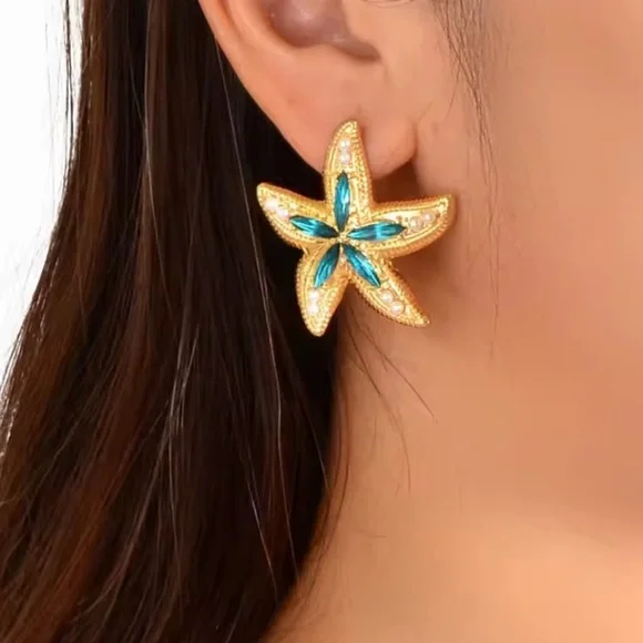Blue Starfish Earrings – Ocean-Inspired Statement Jewelry - Picture 2 of 4